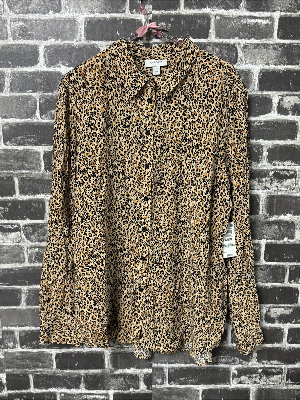NWT On 34th button down blouse tan black leopard print shirt
